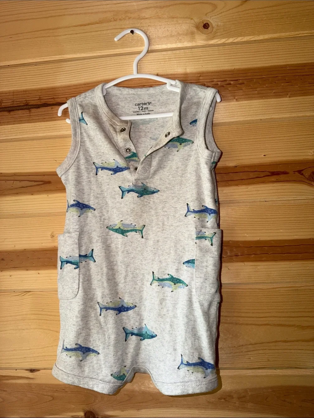 Carter's Gray & Blue Shark Print Sleeveless Romper